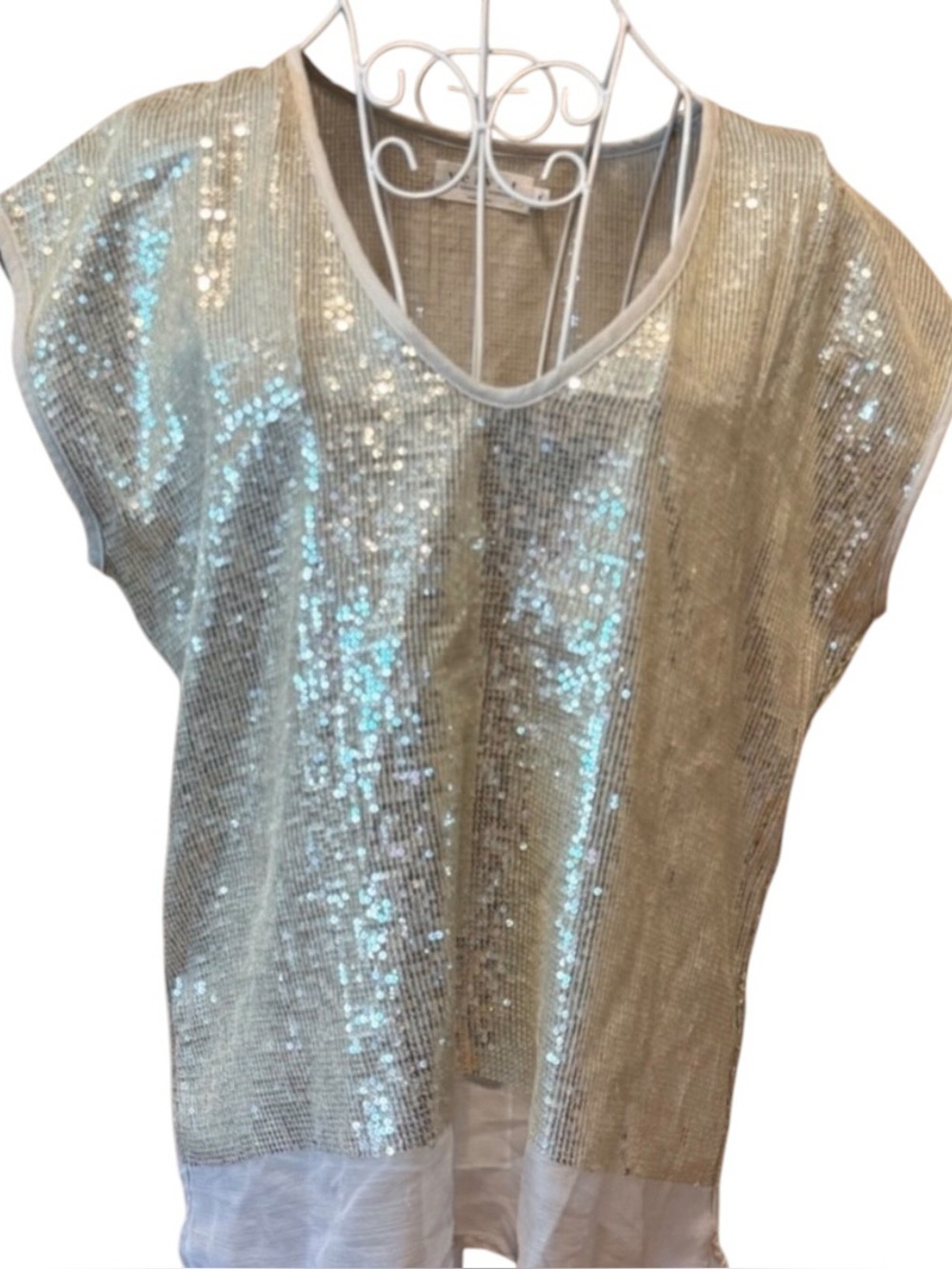 Velvet by Graham & Spencer Silver Sequin Blouse Cap Sleeve Sheer Top Small